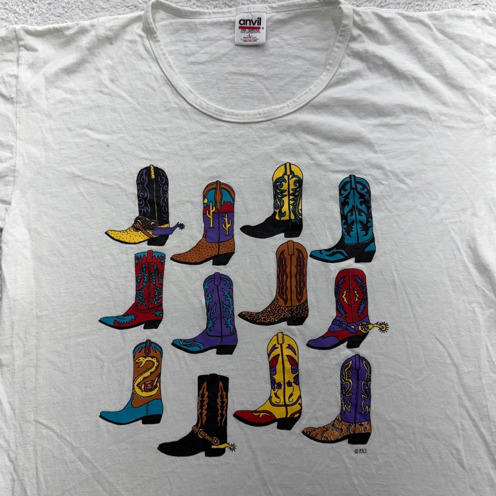 Vintage Anvil Cowboy Boots Graphic T-Shirt White L Made in USA 90s Scoop Neck - Picture 2 of 7